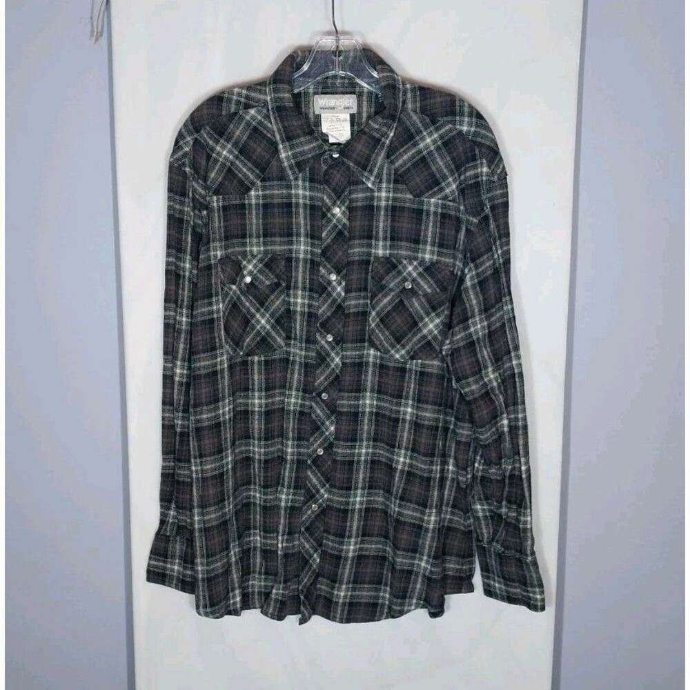 Wrangler Western Pearl Snap Flannel Shirt Mens XXL Big Tall Plaid Black Gray